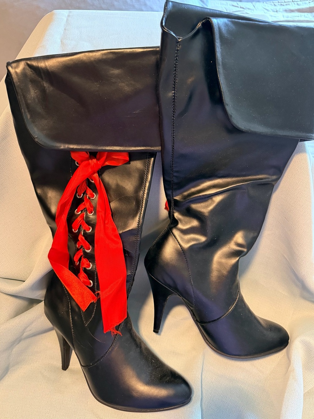 Black High-Heel Knee Boots with Red Lace-Up Accent
